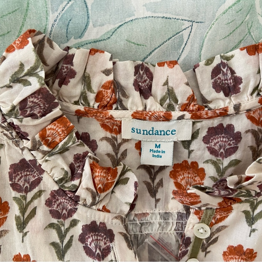 Sundance Ivory Floral Split-Neck Blouse with Orange and Purple Flowers - Picture 3 of 10